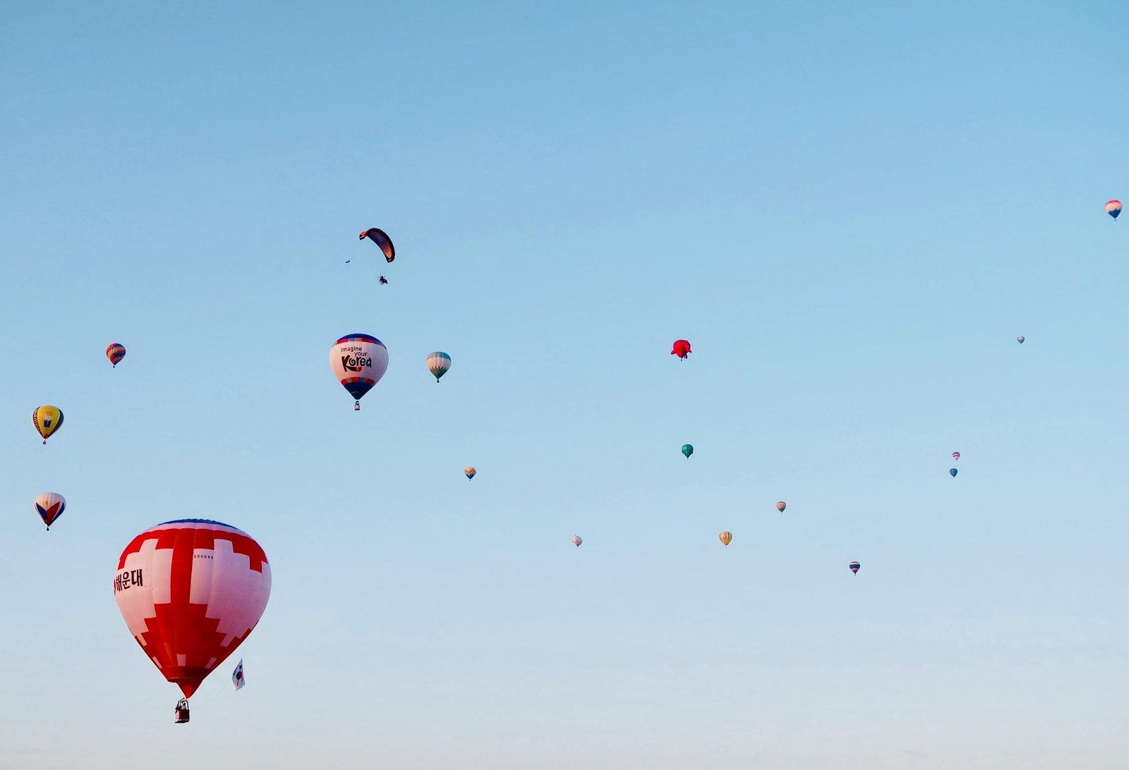 Colorful hot air balloons soaring high against a clear blue sky, symbolizing freedom and adventure.