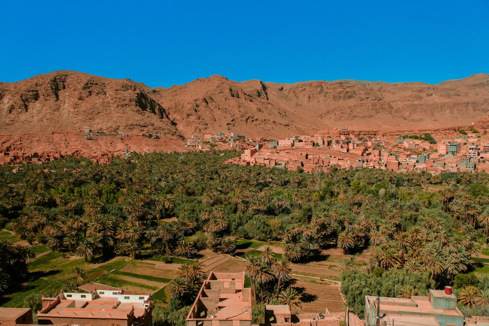 Scenic aerial view of a village nestled in the Atlas Mountains with lush greenery.